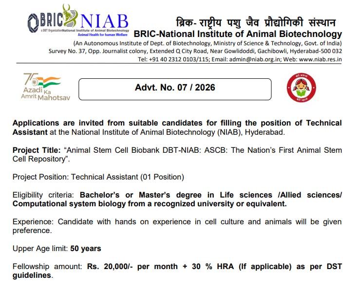 NIAB Hyderabad Technical Assistant Recruitment