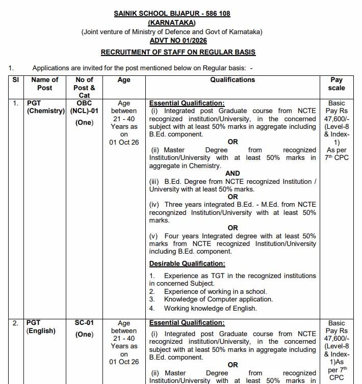 Sainik School Bijapur Recruitment 2026