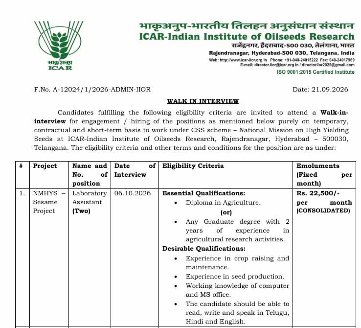 ICAR-IIOR Recruitment 2026
